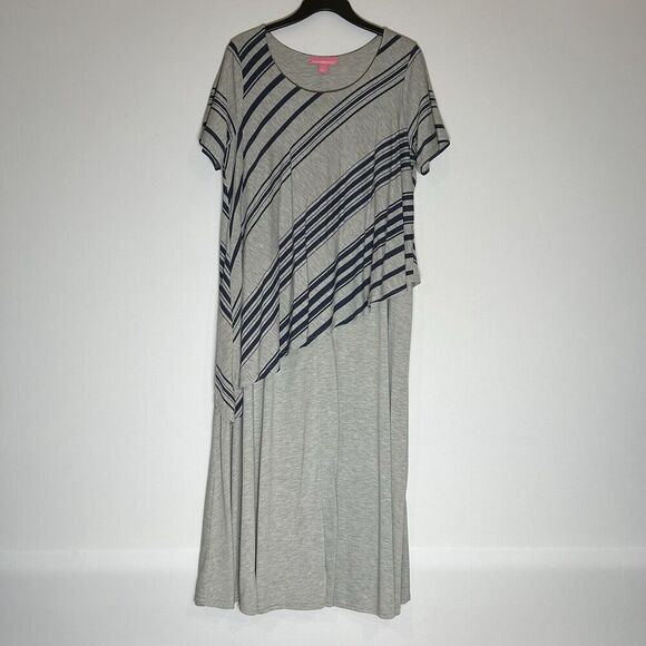 Woman Within Maxi Double Layer Gray and Navy Striped Dress 14/16 - Picture 1 of 5